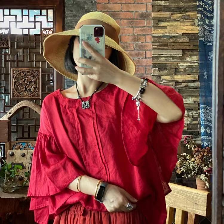 Johnature Mode Vintage Leinen Lose T-Shirt Frühling Sommer Frau O-Ausschnitt Casual Halbarm Blumen Druck T-Shirt