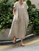 Japanese Retro Linen V-neck Dress with Big Pockets (2025 Collection)