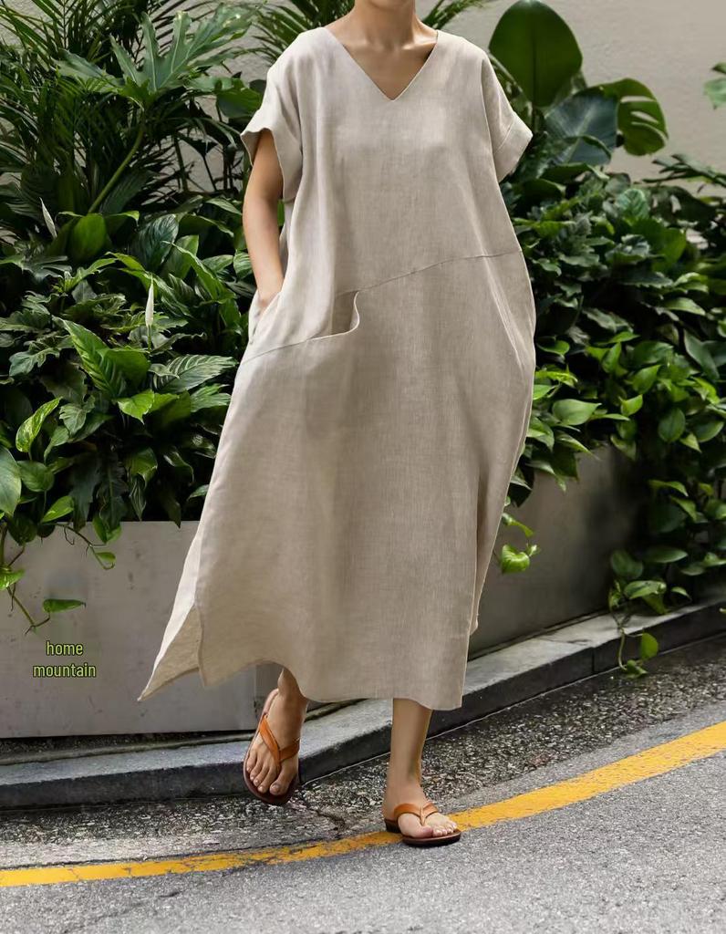 Japanese Retro Linen V-neck Dress with Big Pockets (2025 Collection)