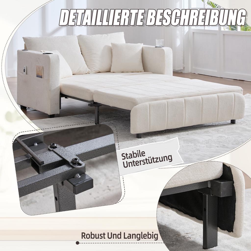 Multifunctional Sofa, Folding Sofa, Usable as Sofa or Bed, Storage Pockets on Armrests, USB Charging Function and Drink Holders (Beige Chenille)