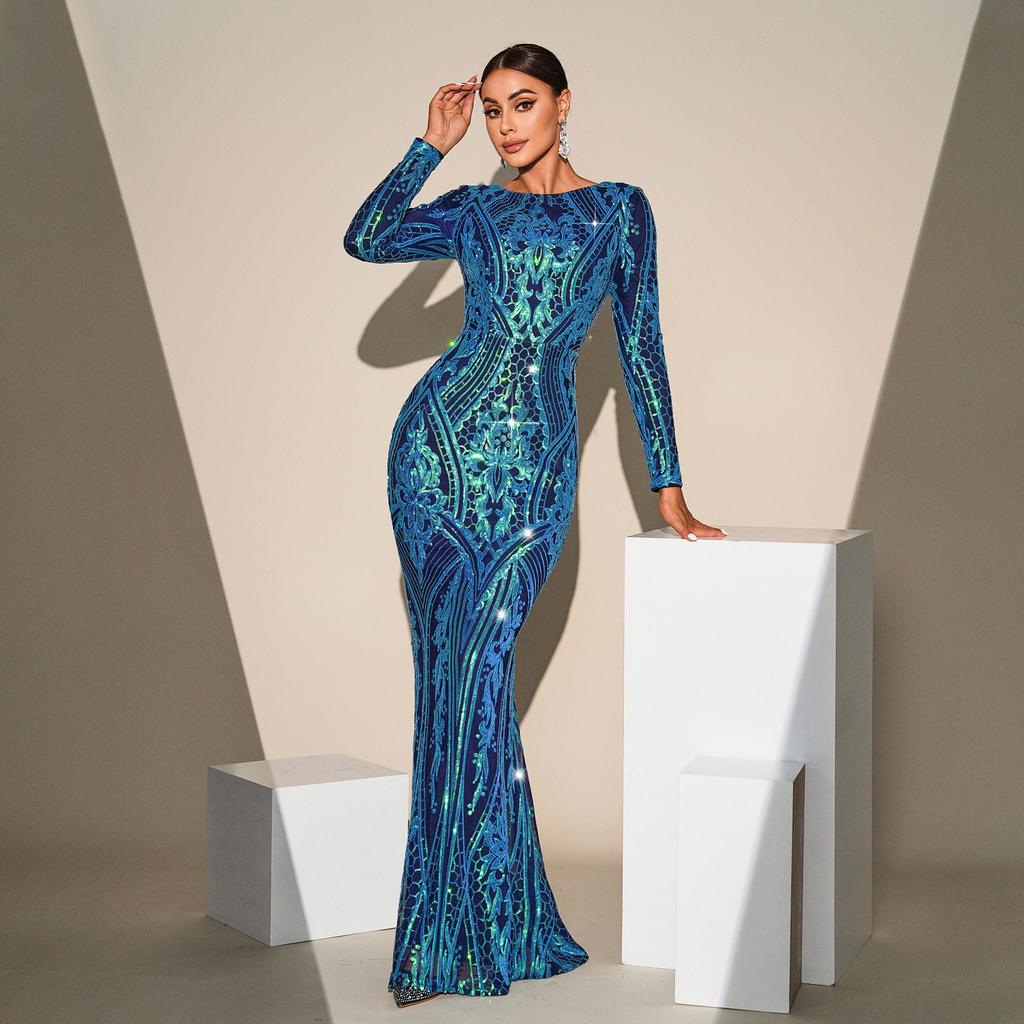 Vestido de Noche Elegante Europeo y Americano de Manga Larga con Lentejuelas y Malla para Dama de Honor