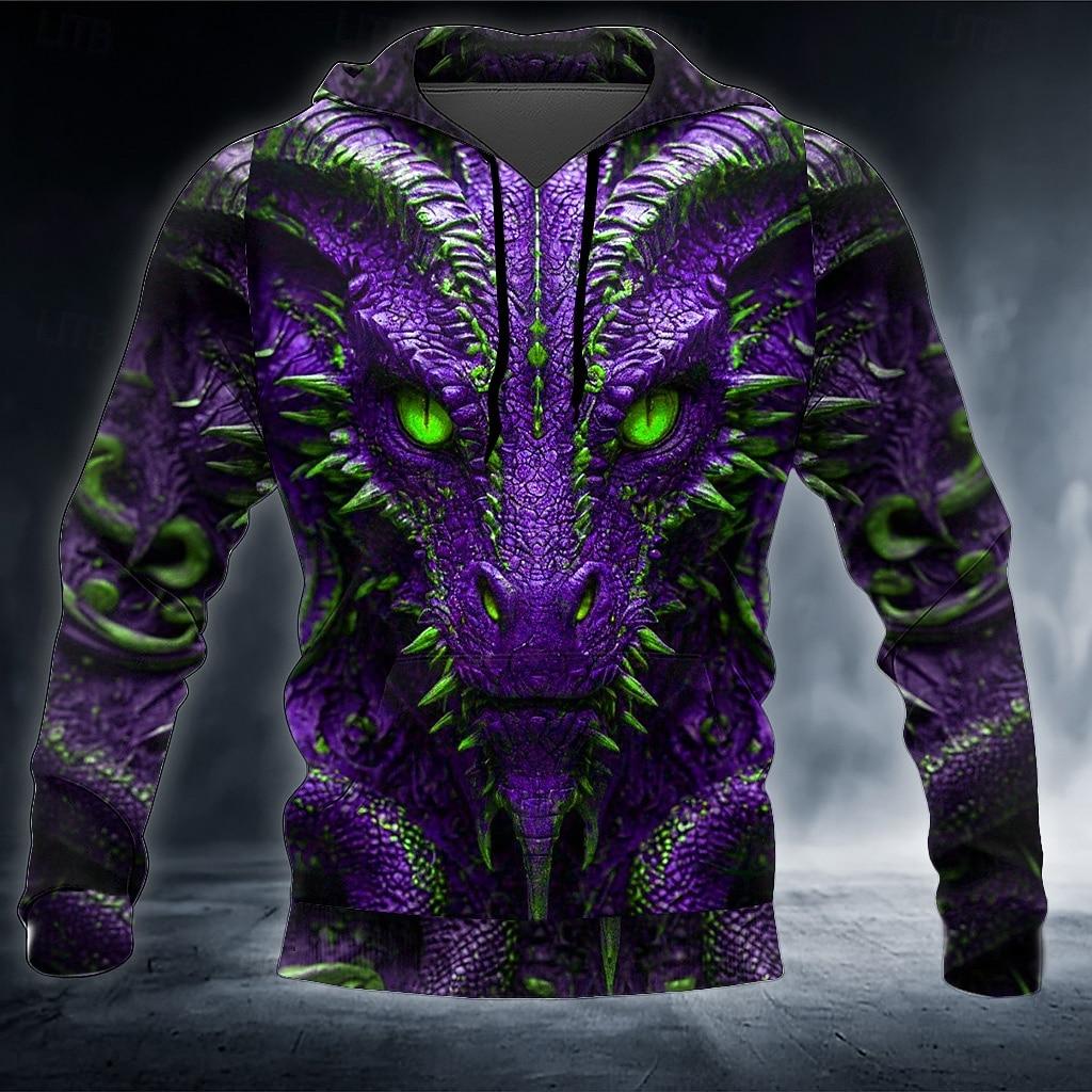 Herren Drachen Hoodie Sweatshirt Cool Party Langarm Rundhals Club Streetwear Kordelzug Herbst M purple