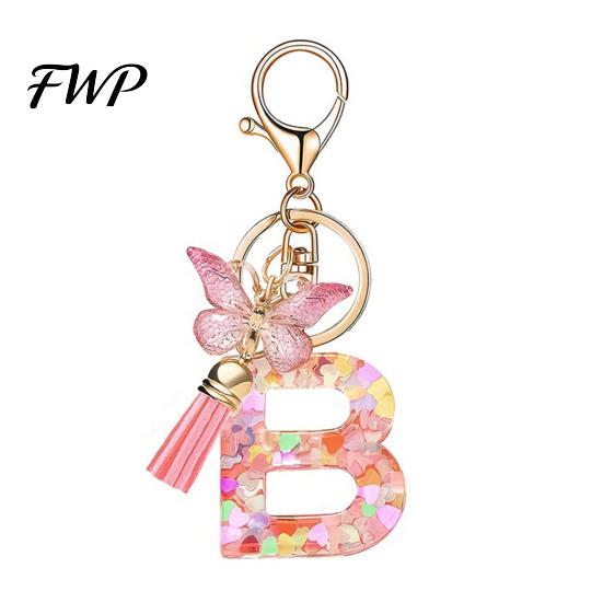 Initial Letter Charm Keychain Pink Series Pendant, Sequins Heart Key Chain with Holder Pendant Butterfly Tassel Design, A-Z for Bag Purse Backpack