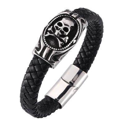 Punk Lederarmband für Herren Totenkopf Knochen Armband Charm Edelstahl Armreifen Mode Herrenschmuck