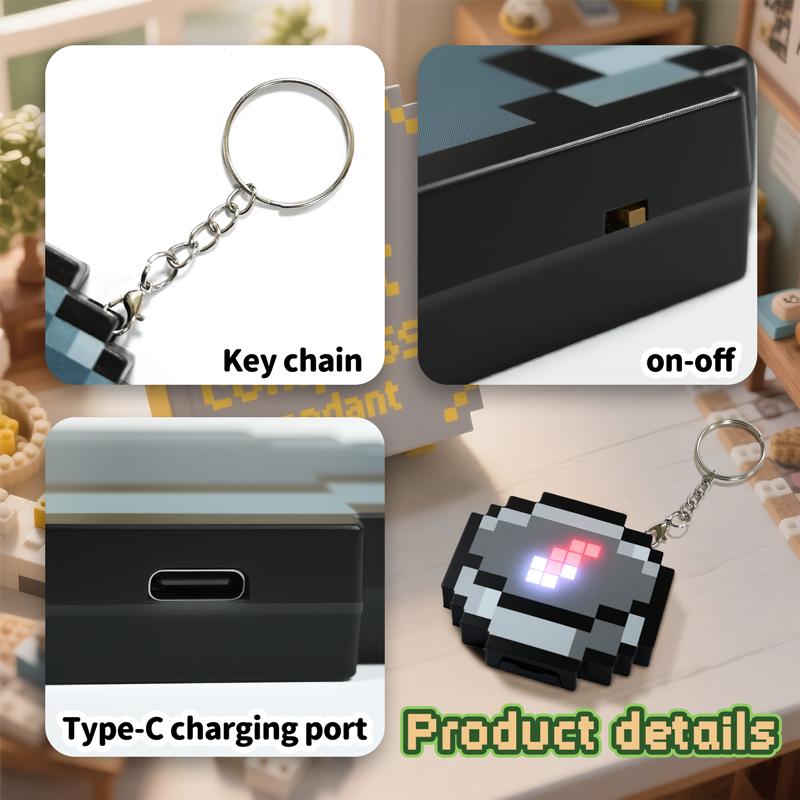 3D Pixel Compass Pendant Pixel Game Keychain Toys Simple Design Usb Rechargeable Can Glow And Indicate Directions Best Gift