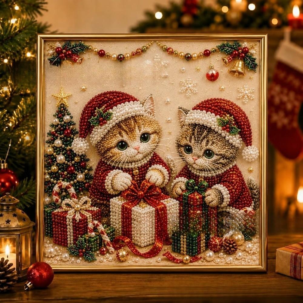 Handmade DIY Pearl Bead Art Kit Cartoon Cat Santa Crystal Painting Set Christmas Decor Winter