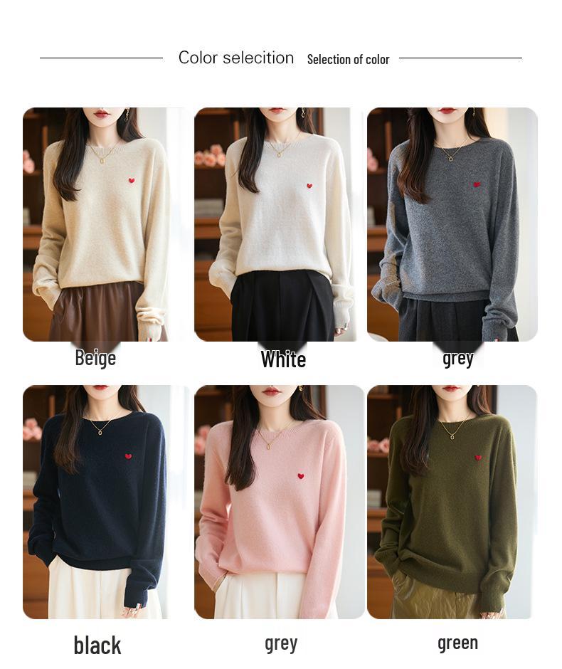 Heart Embroidery Pure Wool Round Neck Pullover Sweater - Autumn/Winter Collection