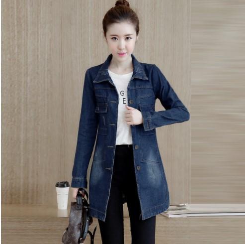 

Korean version of the long-sleeved denim jacket women s slim single-breasted mid-length windbreaker top XS темно-синього кольору