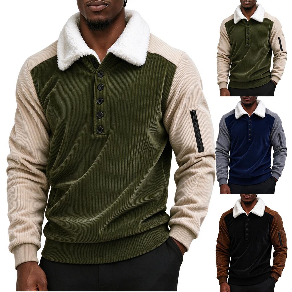 Men's Winter Corduroy Color Block Long Sleeve Lined Collared Top with Arm Zippers