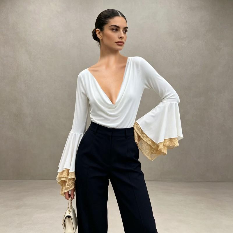 Sexy Deep V Neck Lace Trim Bodysuit With Flared Sleeves High Waist Short Pants Womens Slim Fit 2026