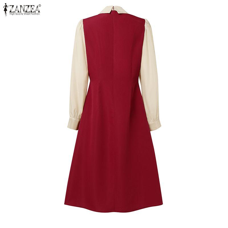 ZANZEA Women Turn Down Collar Casual Long Sleeve Patchwork Dress