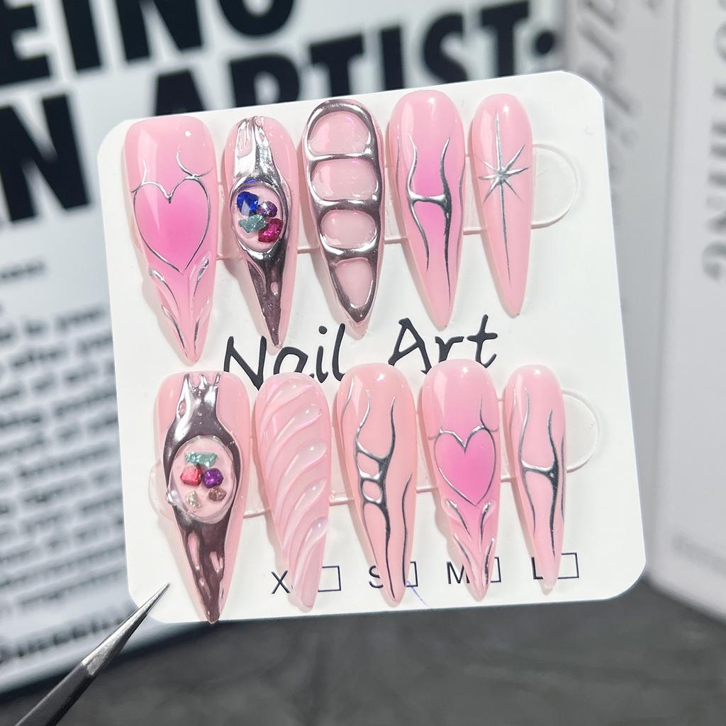 10PCS 503 Long Pointed Rhinestone Baroque Metallic Blush Hand-Painted Line Art DIY False Nails