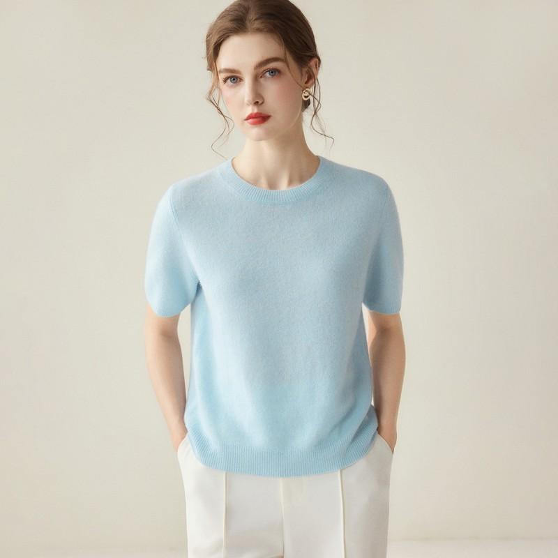 2026 Fall Winter Silk Cashmere Short Sleeve Sweater Women Crew Neck Solid Color Knit Top Commuter Thin