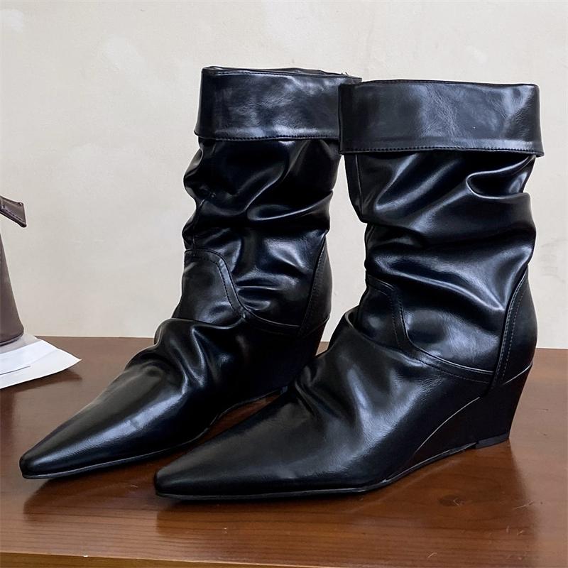 

Eilyken Design Pleated Wedges High Heels Women Ankle Boots Spring Autumn Short Booties Concise Pointed Toe Shoes 35 чёрный