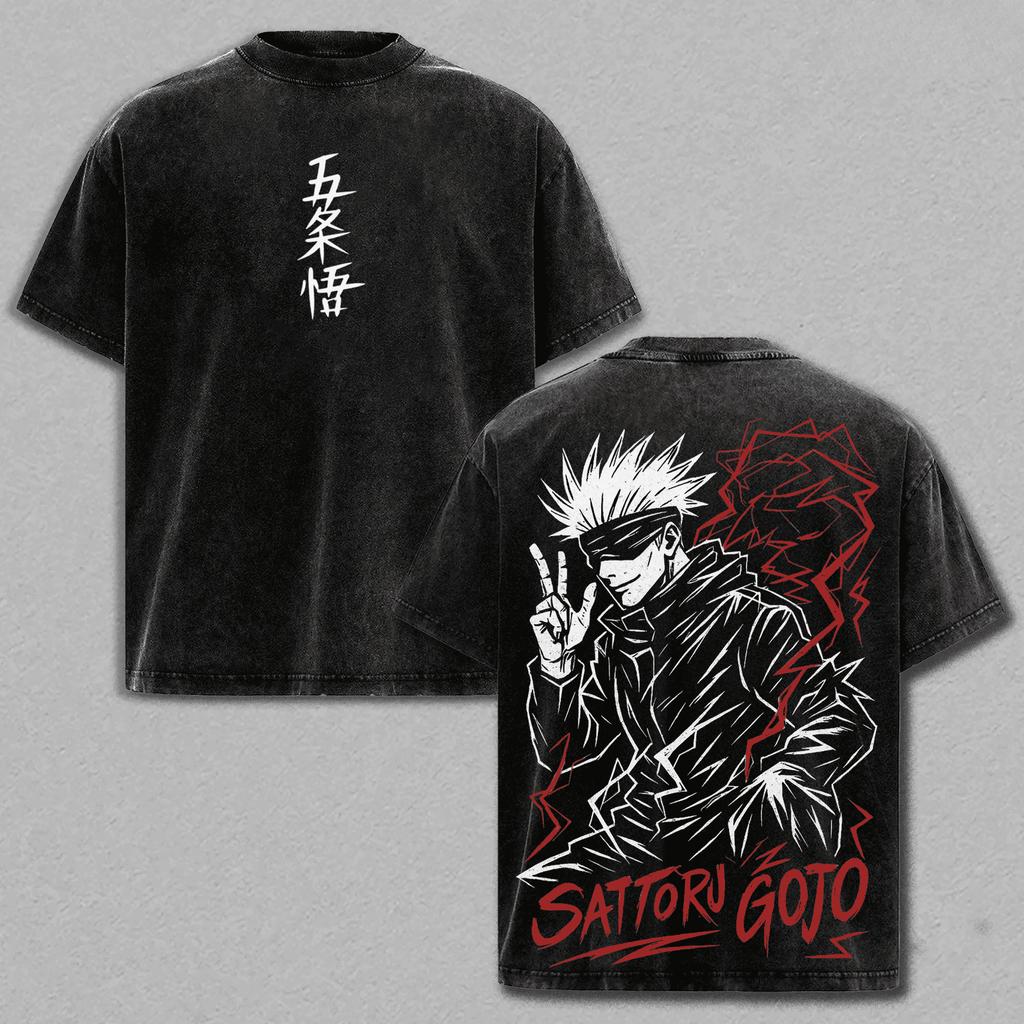 Jujutsu Kaisen Gojo Satoru Anime T-shirt Harajuku Vintage Washed Oversized T Shirt Summer Short Sleeve Pure Cotton Tees Tops