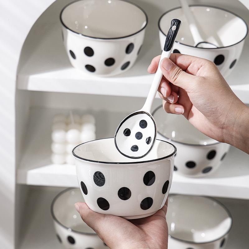 Hepburn-Style Polka Dot Korean Ceramic Bowl Set