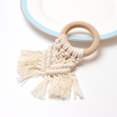 4PCS Cotton Rope Fringe Wood Napkin Rings,Wedding Home Decor Handmade Boho Chic Napkin Buckles,Rustic Farmhouse Napkin Holder