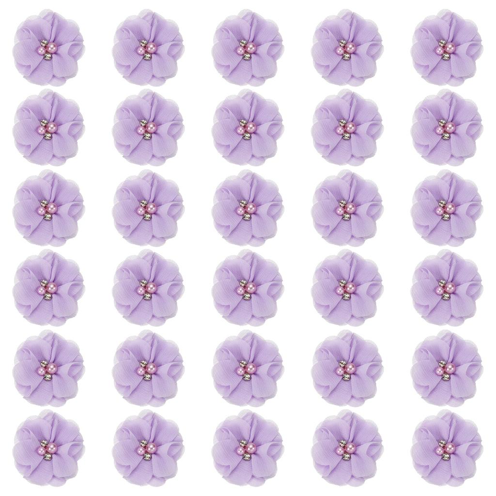 12/30pcs Chiffon Flowers Rhinestone Pearl Sewing Fabric Flowers Artificial Appliques Embellishment for Clothing Wedding Craft 2"