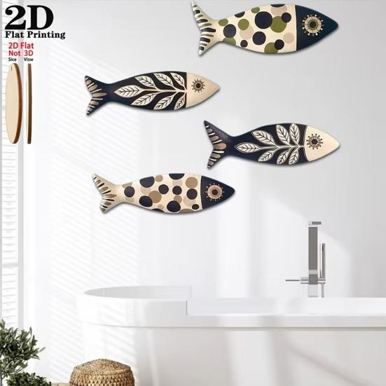4Pcs Wooden Fish Wall Decor, Rustic Farmhouse Ocean Fish Wall Art, Vintage Beach Nautical Coastal Theme Fish Decor for Home Lake Ocean Bathroom