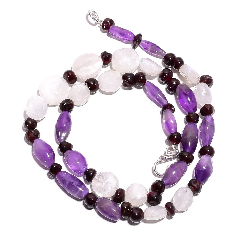 Natural Moonstone Amethyst Garnet Gemstone Smooth Beads Necklace 17" UB-5112 UB-5112