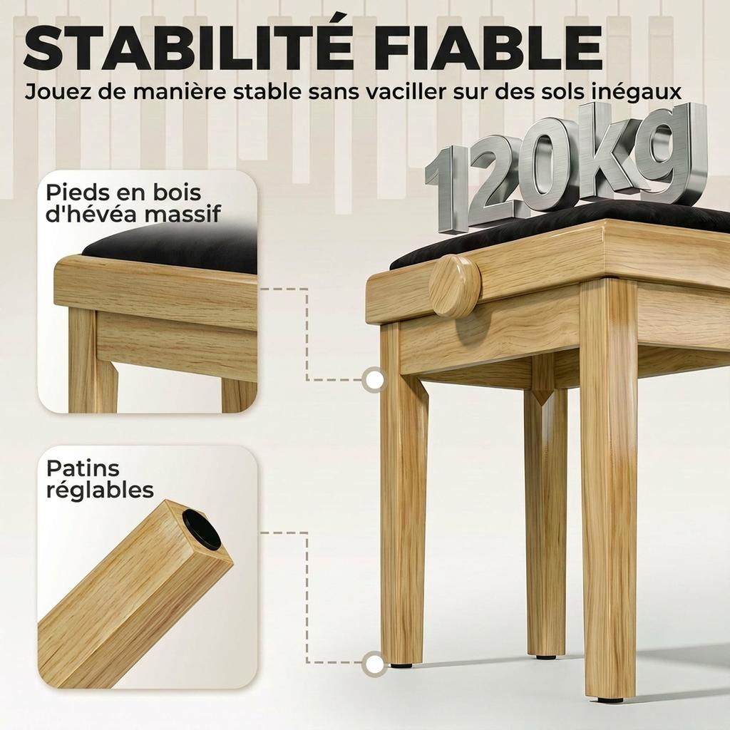 Piano Bench, Height-Adjustable, 45-56 cm, Velvet-Upholstered Seat, Natural Wood