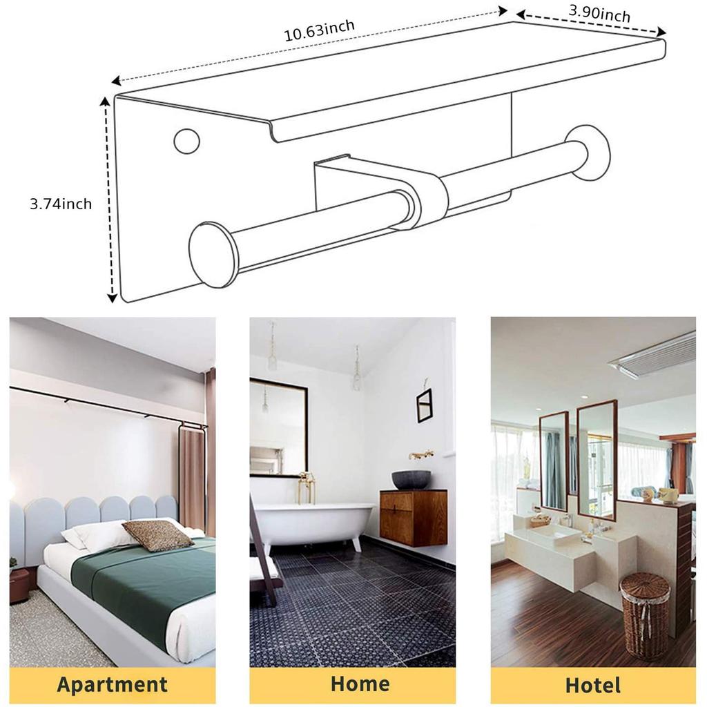 BGL Double Toilet Paper Holder, Stainless Steel 304, Wall Mount, with 2-Head Roll Tissue Holder and Shelf (Gold)