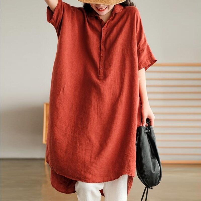 Fashion Short Sleeve Women's Medium and Long Shirt Summer Thin Loose Lapel Office Ladies Elegant Blouse Buttons Tops Women's Clothing