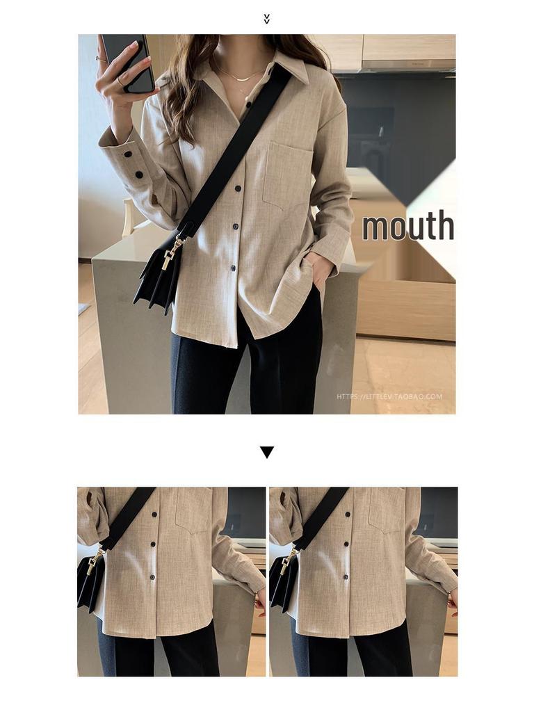 Blus för kvinnor i koreansk stil, enfärgad, långärmad - 2025 Vår/Höst Chic, Lös passform