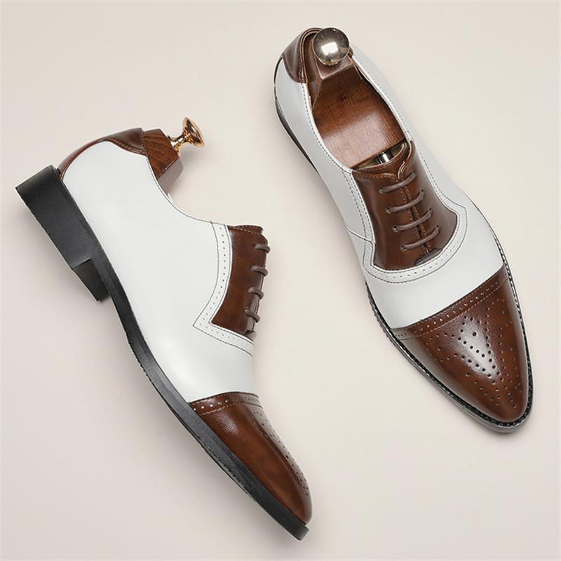 New Men's Pointed White Black Brown Mixed Brogues Leather Shoes Italian Gentleman Wedding Dress Formal Party Business Footwear