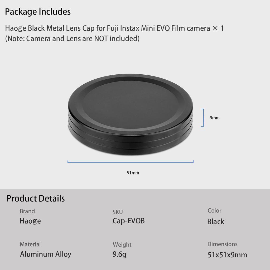 Haoge Metal Lens Cap for Fujifilm Instax Mini Evo Film Photo Camera Accessories Lens Black Cover,