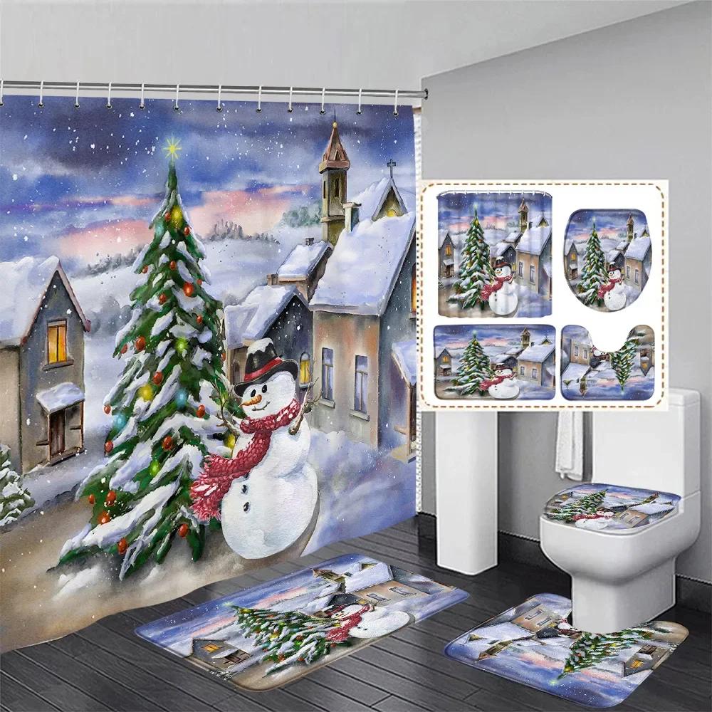 Winter Weihnachten Duschvorhang Set Niedlicher Schneemann Rote Vögel Geschenke Wald Zeder Neujahr Xmas Badezimmer Deko Duschvorleger Toilettensitzbezug
