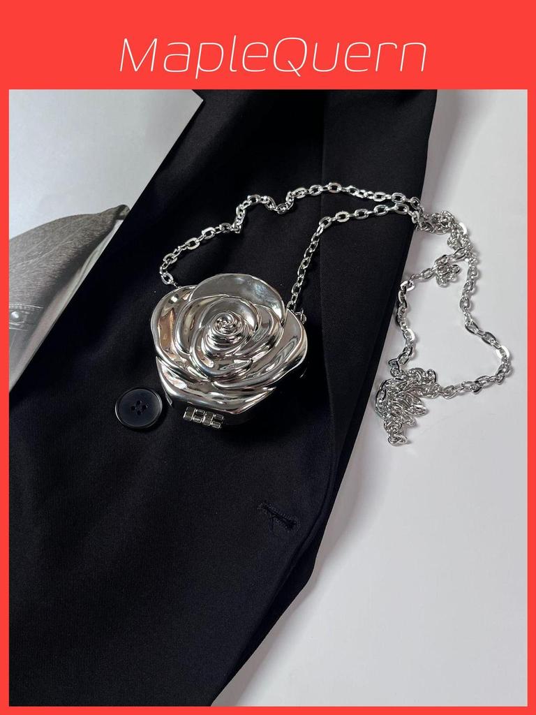 Metallic Rose Flower Mini Box Bag With Magnetic Closure For Daily Fashion Accessories