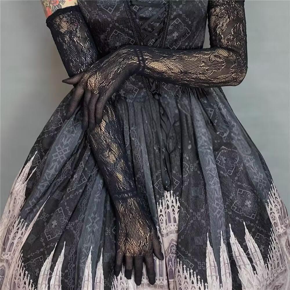 Damen Sexy Ausgeschnittenes Fischnetz JK Lolita Stil Spitze Floral Hochelastisch Lange Handschuhe Party Bühnenperformance Cosplay