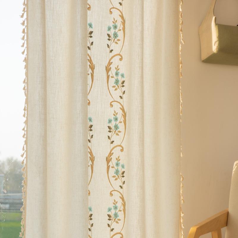 Embroidered Floral Cotton Linen Curtains Semi Blackout Window Valance For Kitchen Bedroom Balcony