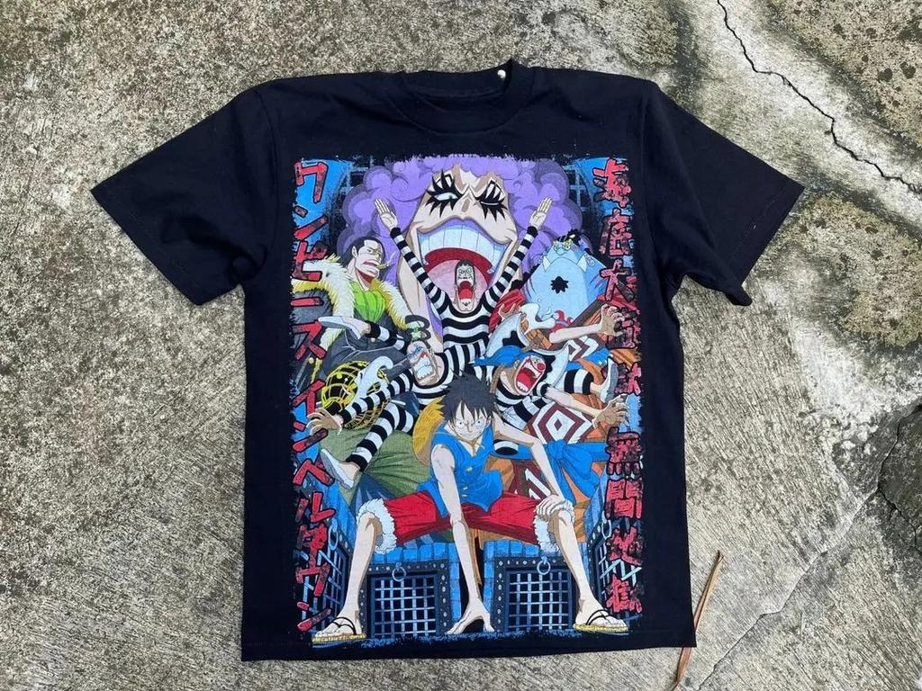 Summer2026One Piece The Big Prison Under The Sea High Burning Group Photo Theme100 Cotton Printed Tshirt for Boys and Girls
