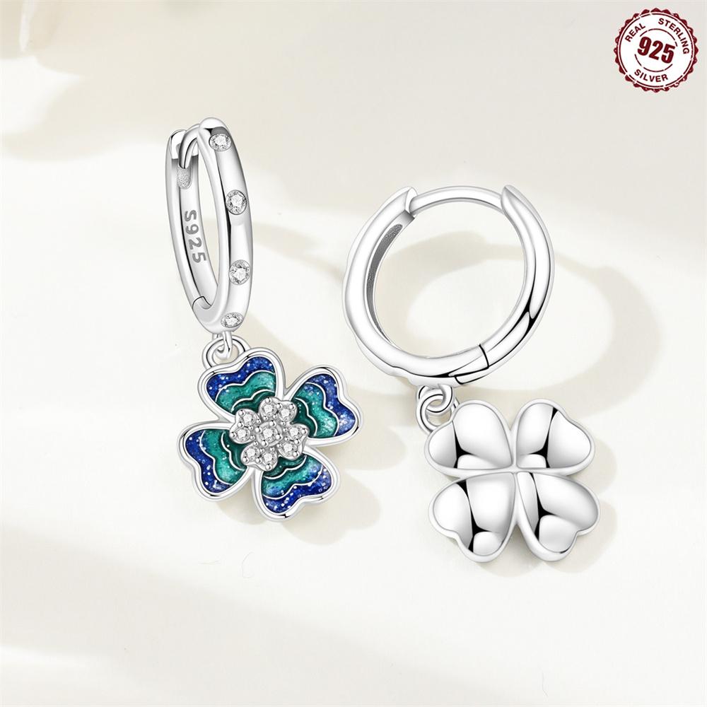 Authentic copper Fourleaf Shamrock Colored Earring Blue Zircon Snowflake Key Lock Earring Jewellery Fine Anniversary Gift Set