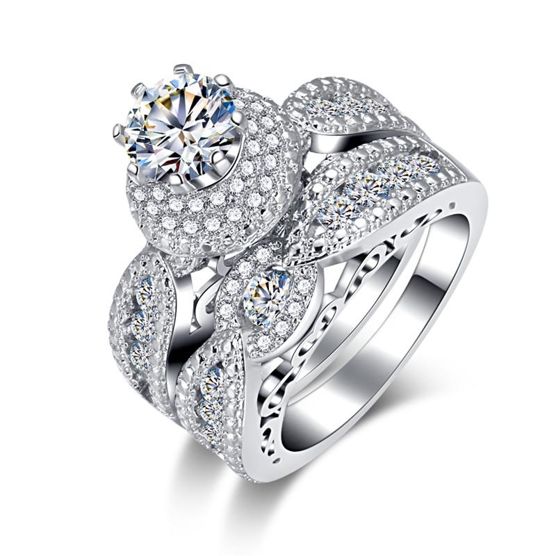 Luxury Female Crystal Rose Red Round Zircon Stone Engagement Ring Set Cute Black Gold Color Wedding Jewelry For Women