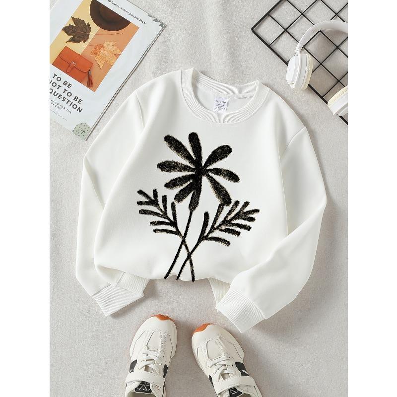 Girls' Long-Sleeve Casual Crewneck Sweatshirt | Flower Leaves Stem Design, Suitable For Outdoor Sports And Everyday