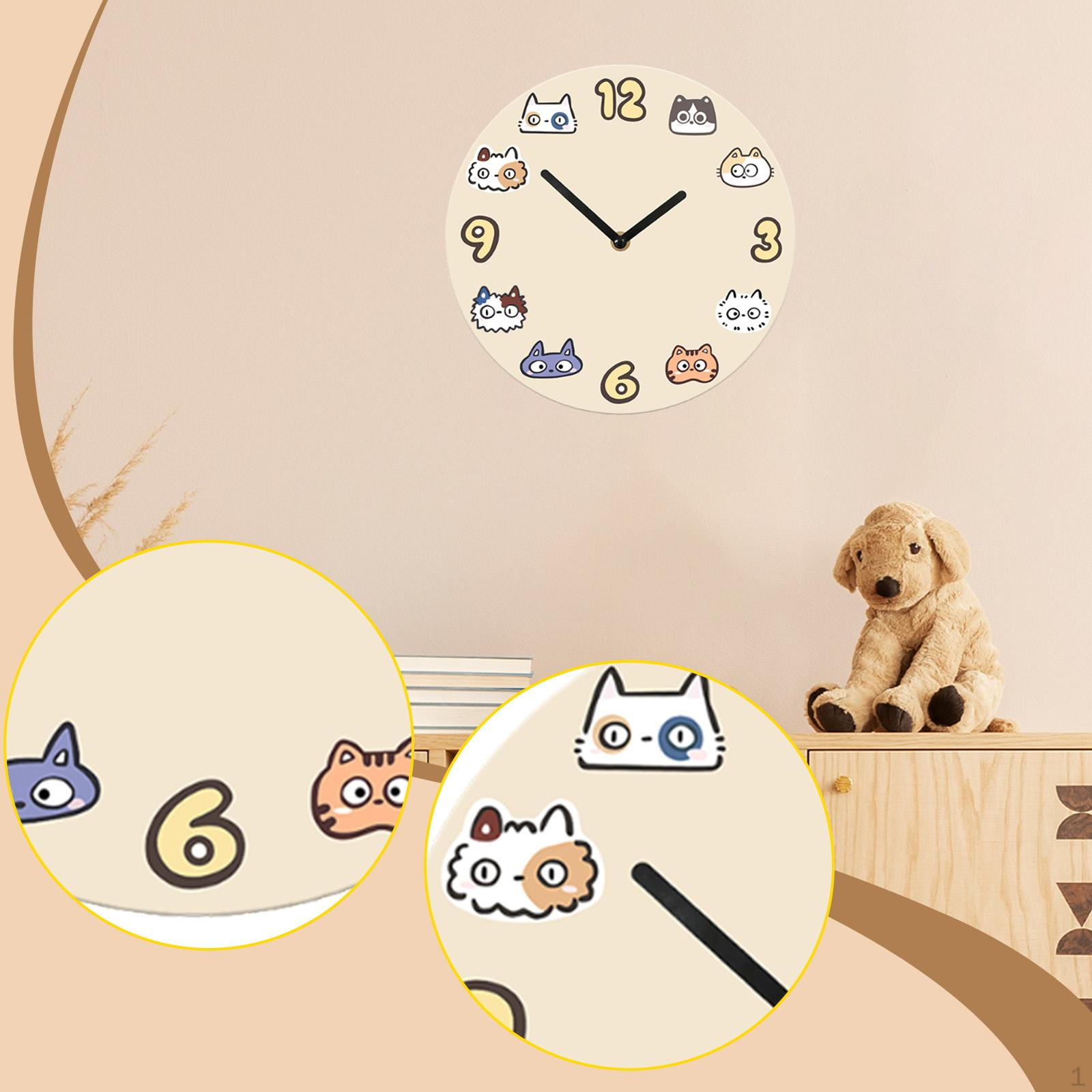 

Cute Cat Decorative Wall Clock, Round Silent Wooden Pendulum Clear Reading, Easy to Assemble, 20CM
