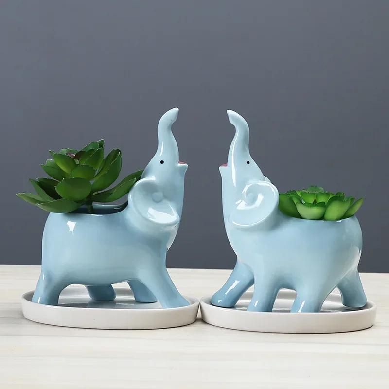 Elephant Decorative Ceramic Flower Pot for Succulents – Mini Cactus Planter with stand, Elegant Home Garden Decor