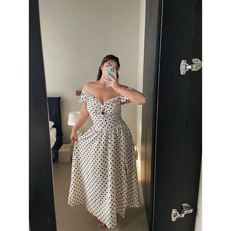 Brother Nan Chubby French Style High Sense Polka Dot Dress Women Summer New Plus Size Waist Hugging Slimming Split Long Dress