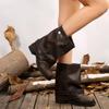 Thick Heel Women Western Cowboy Boots Fashion Belt Buckle Slip On Shoes Ladies Vintage Pleated Short Booties