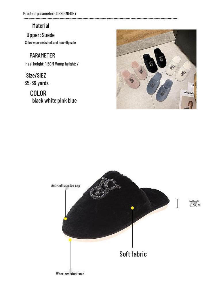 Women's Versatile Fuzzy Rhinestone Slippers - Warm Cotton for Autumn/Winter, Stylish for Home or Outdoor Use.