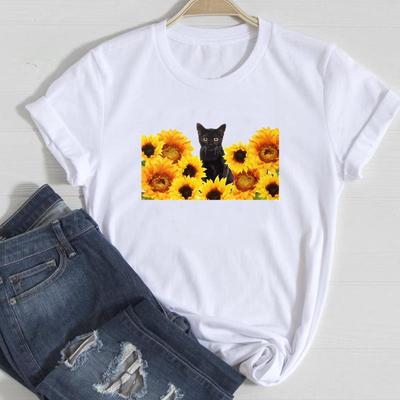 (Ασιατικό μέγεθος)Μπλουζάκι Μόδας T Shirt Γάτα Λουλούδι Κινούμενο Σχέδιο Υπέροχο Στυλ Τάση Casual Γυναικεία Ρούχα Εκτύπωση Κυρία Θηλυκό Κοντομάνικο Γραφικό T-shirt