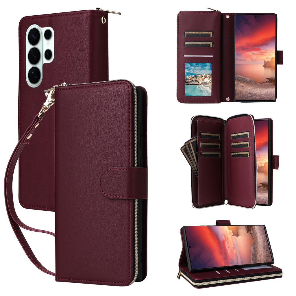 For Samsung Galaxy S26 Ultra Case 9 Card Slots Zipper Pocket PU Leather Phone Cover with Wrist Strap