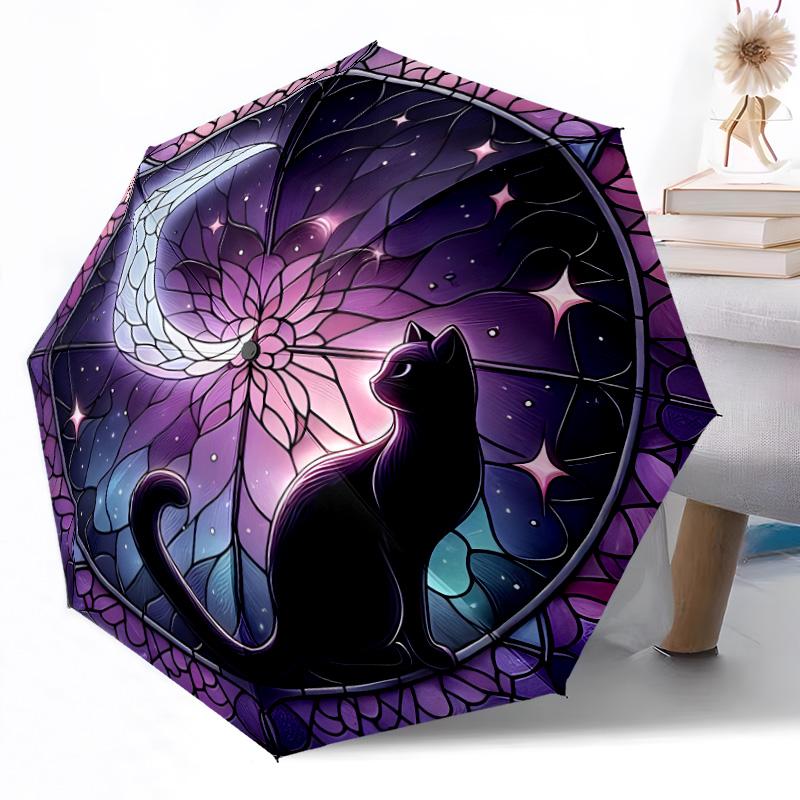 Mystische Schwarze Katze Mondsichel Automatischer Outdoor-Regenschirm Einziebares Design mit 8-Speichen-Haltbarkeit Leicht Perfektes Geschenk für Freunde Familie