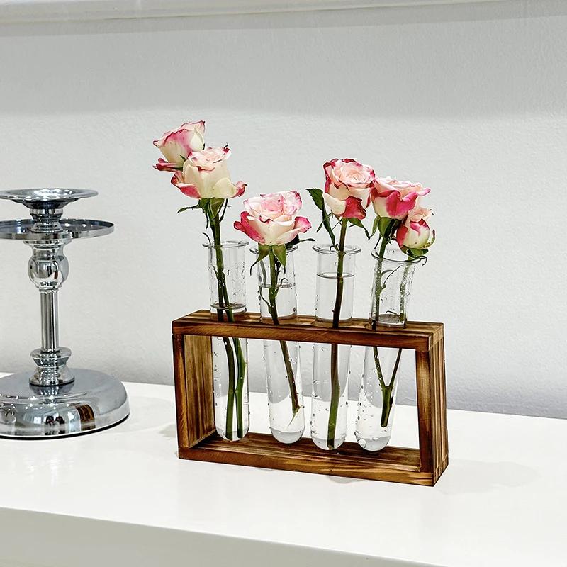 Pflanzen Reagenzglas Hydroponik Vase Wassergezüchtetes Blumenarrangement Pflanzenbehälter Einfacher Holzrahmen Dekorationen Kreative Glasvasen