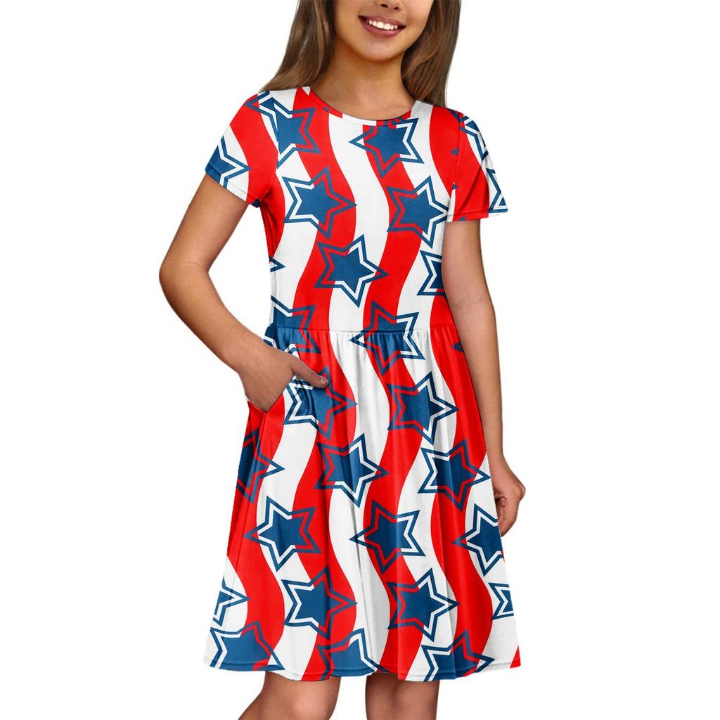 Mädchen Sommerkleid Einfarbig & Druck Ärmelloses Kleid mit Tasche Freizeitkleid Kurzarm Partykleid