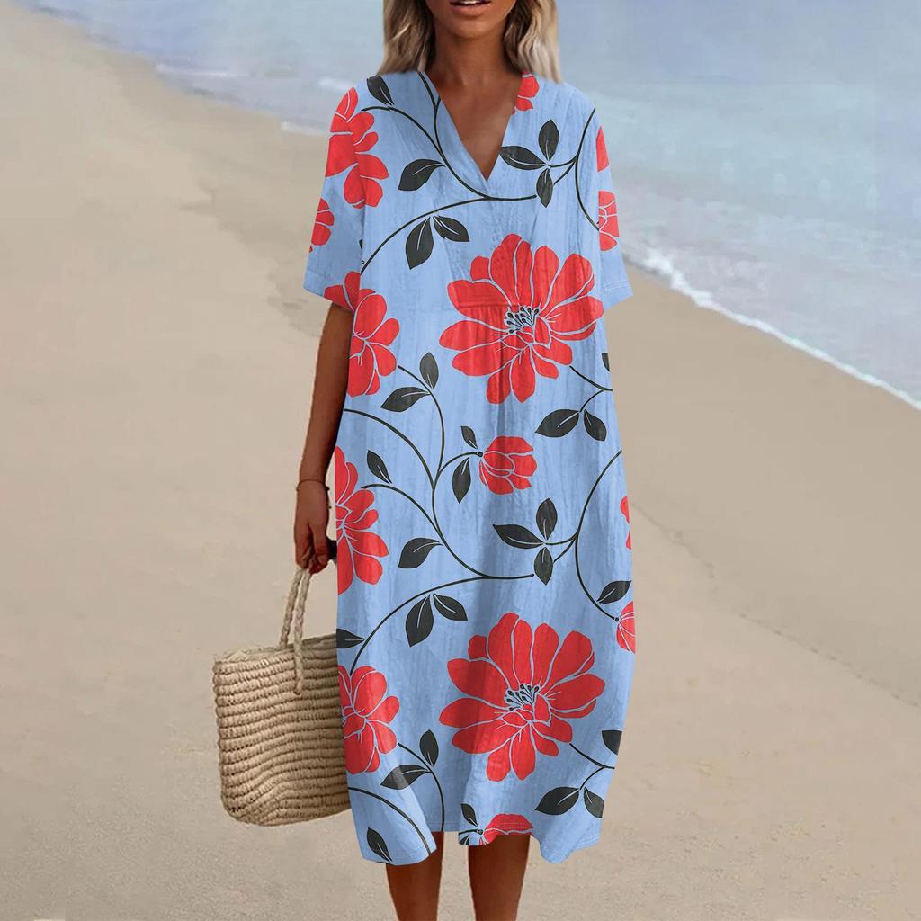 Women's Loose Casual Fashion V-Neck Printed Dress Beach Skirt