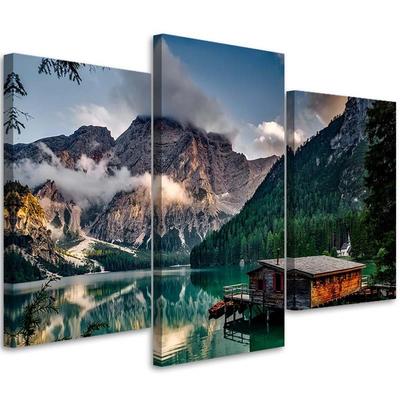Three Piece Picture Canvas Print Hut Mountains Lake Landscape